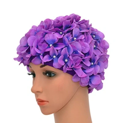 Abbildung von Medifier Badekappe für Damen, Vintage Stil, Blumenmuster, Retro, Violett
