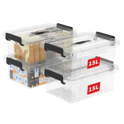 Abbildung von Cetomo 15L*4 Aufbewahrungsboxen, Tragbare Plastikboxen mit Deckeln, Organizer Behälter Griff und Clips, Stapelbar, Ineinander Nestbar, für Zuhause Büro, Transparent, 15L 4er Pack