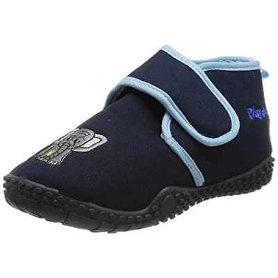 Abbildung von Playshoes Unisex Kinder Hausschuhe Praktischem Klettverschluss, Niedliche Hüttenschuhe für Mädchen und Jungen mit Elefant Motiv, Marine, 32/33 EU