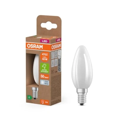 Abbildung von Osram Energy Class LED Lampe in klassischer Minikerzenform, 2.2 W / 470 lm, EEK A, kaltweißes Licht (4000 K), CRI 80, aus gefrostetem bleifreiem Glas, E14 Sockel, IP20, 35 mm Durchmesser.