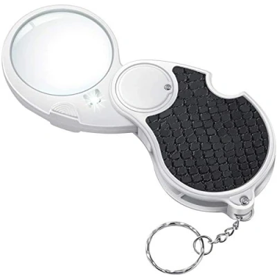 Abbildung von Lupe mit Licht, beleuchtete Lupe, 5 fache Handtaschenlupe Kleine beleuchtete, zusammenklappbare, handbeleuchtete zum Lesen von Münzen Hobby Travel Fliplinse 45 mm Durchmesser
