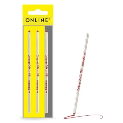 Abbildung von 3x Multifunktions Kugelschreiberminen D1 Format Strichstärke M (mittel) von Online, auch für Lamy, Rotring, Schneider, Cross etc, Internationale Standard Mine, dokumentenecht, Schreibfarbe rot