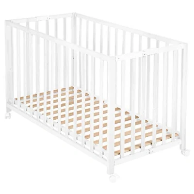 Abbildung von roba Klappbett Fold Up 60 x 120 Klappbares Babybett aus Holz 2 fach höhenverstellbar Platzsparendes Gitterbett auf Rollen Weiß