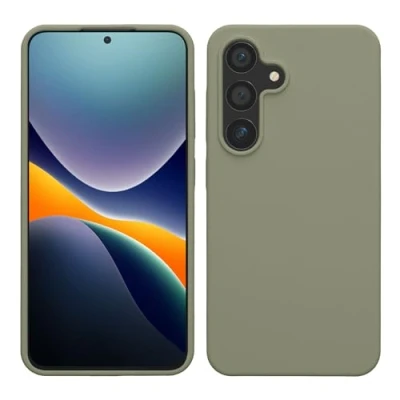 Abbildung von kwmobile Hülle kompatibel mit Samsung Galaxy S24 Silikon Handy Case Handyhülle für weiche Oberfläche kabelloses Laden Graugrün