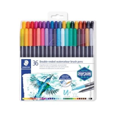 Abbildung von STAEDTLER Doppelfasermaler wasservermalbar, für Aquarell Effekte, zwei Linienbreiten, feine Spitze und breite Pinselspitze, Klarfaltetui mit 36 brillanten Farben, 3001 TB36