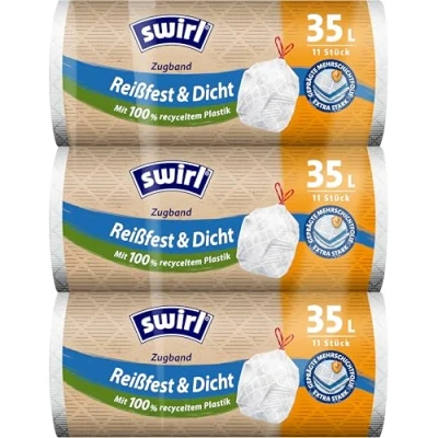 Abbildung von Swirl Reißfest &amp; Dicht Müllbeutel mit Zugband, 35L, 3er Multipack 33 Mülltüten, Extra Stark, Tropfsicher