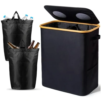 Abbildung von SYLANDO 140L Pfandflaschen Sammelbehälter mit Deckel &amp; XXL Tragetaschen, Flaschensammler für Leergut Altglas, 2 Fächer Organizer Lochdesign, Recycling Behälter Küche Abstellraum, Schwarz