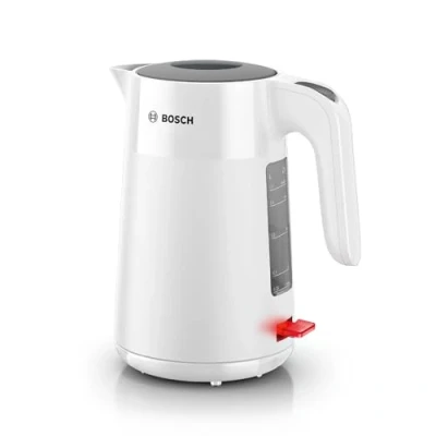 Abbildung von Bosch kabelloser Wasserkocher MyMoment TWK2M161, Abschaltautomatik, Überhitzungsschutz, Tassenanzeige, entnehmbarer Kalkfilter, Trockengehschutz, Dampfstopp Automatik, 1,7 L, 2400 W, Weiß matt