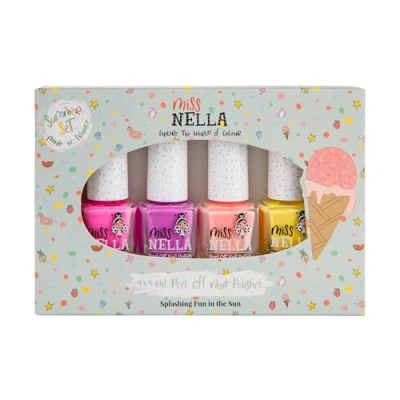 Abbildung von Miss Nella Sommerkollektion Nagellack Glitzer 4er Set: rosa, lila, Pfirsichfarbe &amp; gelb, abziehbarer speziell für Kinder, Peel Off, ungiftig, wasserbasiert geruchsneutral