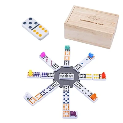 Abbildung von Engelhart 250170 Mexikanisches Domino Zug D12 Holzkasten 91 Dominosteine (9 mm) 8 Bunte Lokomotiven 2 bis Spieler