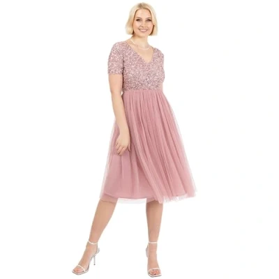Abbildung von Maya Deluxe Damen Embellished Midi Evening Dress Women Ladies V Neckline with Short Sleeve for Prom Wedding Brautjungfernkleid, Vintage Rose, 40