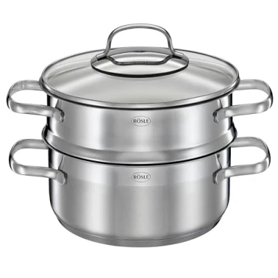 Abbildung von RÖSLE ELEGANCE Dämpfer Ø 20 cm, Edelstahl 18/10, Schüttrand, Innenskalierung, Glasdeckel, induktionsgeeignet, spülmaschinengeeignet, 22 x 29 23 Silbern