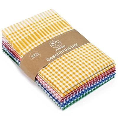 Abbildung von Set 5 Karierter Geschirrtücher Baumwolle Twinzee 100% Oeko TEX 67 x 47 cm Retro Chic Stil Küchentücher Küchenhandtücher, Spül &amp; Blau, Rot, Grün, Orange, Gelb