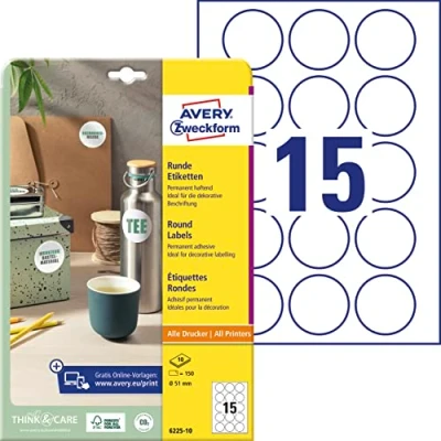 Abbildung von AVERY Zweckform 6225 10 runde Etiketten (150 Klebepunkte, Ø51mm auf A4, Aufkleber zum Bedrucken, selbstklebende Produktetiketten, permanent haftende Marmeladenetiketten) Blatt, weiß