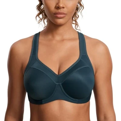 Abbildung von SYROKAN Damen Sport BH Starker Halt Bügel Push Up Ringerrücken Gepolstert Fitness Wald Dunkelgrün 80F