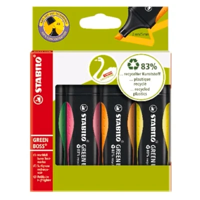 Abbildung von Umweltfreundlicher Textmarker STABILO GREEN BOSS 4er Pack grün, rosa, orange, gelb