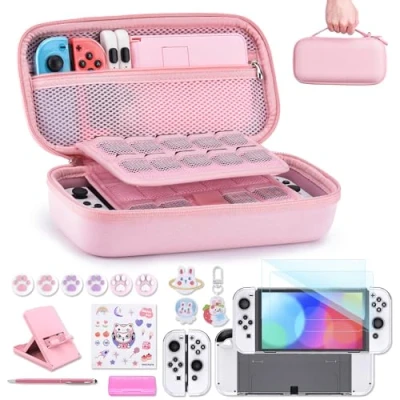Abbildung von Switch Tasche für NS OLED innoAura 18 in 1 Zubehör mit Hülle, Spiele Aufbewahrung, Schutzfolie OLED, Ständer, Joystick Kappen (Rosa)