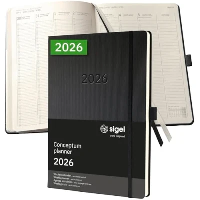Abbildung von SIGEL C2618 Planungsbuch Wochenplaner Wochenkalender 2026, extra groß, A4+, 1 Woche = 2 Seiten, Spalte pro Tag, schwarz, Hardcover, 192 Stiftschlaufe, Archivtasche, Kalenderbuch Conceptum