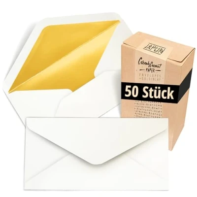 Abbildung von Japun Briefumschläge (50 Stück), Kuvert, Umschlag ohne Fenster DIN lang 220 x 110 mm innen: Gold Papier Farbe: weiß
