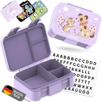 Abbildung von BEARFOOT Bento Box COMPACT BPA freie Kinder Brotdose für Schule &amp; Kindergarten Auslaufsichere Lunchbox Mädchen Jungen Praktisch, leicht kompakt (Hund&amp;Katze lila, 650ml)