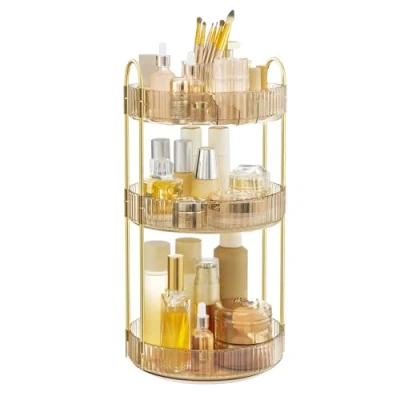 Abbildung von SONGMICS Make up Organizer drehbar, Kosmetik rund, 3 Ebenen, Aufbewahrung, anpassbar, für Schminktisch, Geschenkidee, Champagnergold JKA011A01