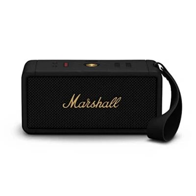 Abbildung von Marshall Middleton kabelloser tragbarer Bluetooth Lautsprecher, über 20 Stunden tragbare Spielzeit, wasserfest IP67 Schwarz und Messing