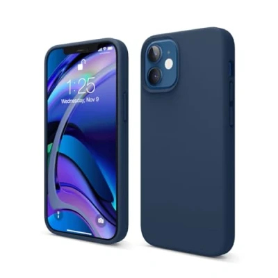 Abbildung von elago Schutzhülle aus Silikon, flüssig, kompatibel mit iPhone 12 Mini (5,4 Zoll), Premium Rundumschutz, stoßfest, 3 Strukturen (Marineblau)