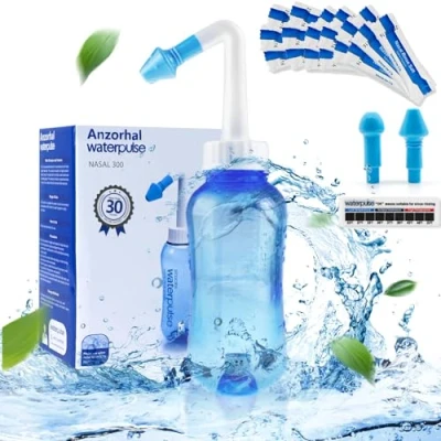 Abbildung von Nasendusche Set, Anzorhal Nasenspülkanne 300ml zum Nasenreinigung und Nasenspülung mit 30 Nasenwasch Salzpaketen Thermometer Aufkleber BPA frei Neti Pot für Erwachsene&amp;Kinder(Blau)