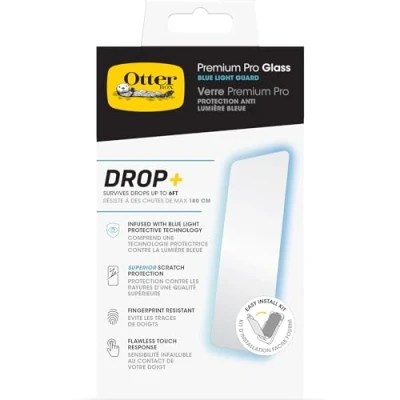 Abbildung von OtterBox Premium Pro Blue Light Glass Displayschutz für iPhone 15 Pro, gehärtetes Glas, überragender Kratzschutz, übersteht Stürze bis zu 1.8m