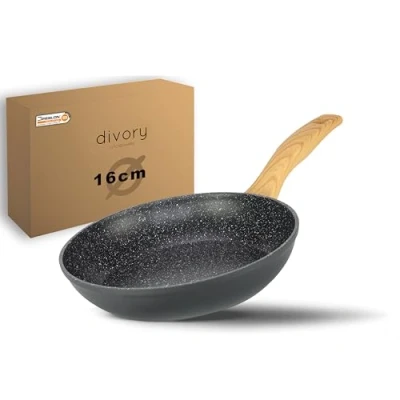Abbildung von DIVORY Bratpfanne 16cm kein Induktion Antihaft Beschichtete kleine Universalpfanne für alle Herdarten Sichere Griffe (Helles Holz, 16cm)