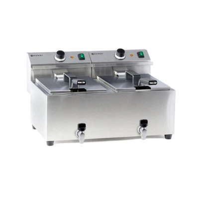 Abbildung von HENDI Doppelfritteuse Mastercook 2x 8 Liter mit Ablasshahn für Öl Kältezone 60,5 x 51,5 35 cm, Gastro Edelstahl Doppeltank Fritteuse