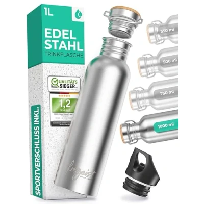 Abbildung von Die Wasserflasche 1l + EXTRA Sportverschluss, Water Bottle aus Edelstahl Trinkflasche 750ml, 500ml 350 ml, BPA frei Edelstahl, Flasche 1l, Spülmaschinenfest