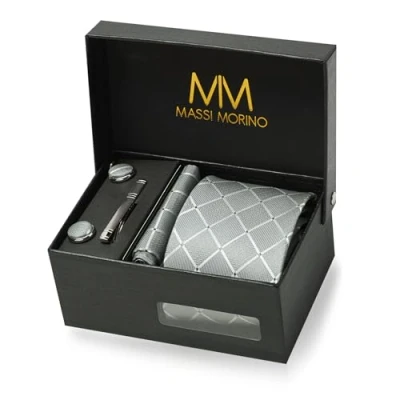 Abbildung von Massi Morino Krawatte Grau Quadrat mit Einstecktuch Set Herren inkl. Manschettenknöpfe, Krawattennadel und Geschenkbox Männer Krawattenset