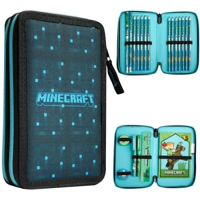 Abbildung von Minecraft Federmäppchen, mit Fächern, gefüllt Schulbedarf, Schule, Kinder, Jungen, Goodies, offizielles Zubehör für Gamer (Blau/Schwarz)