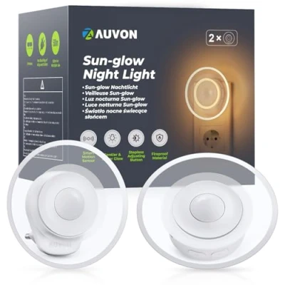 Abbildung von AUVON Sun glow Nachtlicht Steckdose mit Bewegungssensor, 2 Stück Warmweißes LED 1 50 lm, Helligkeit Einstellbar für Kinderzimmer, Schlafzimmer, Gang, Küche