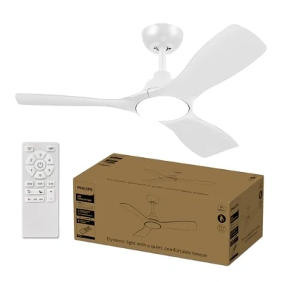 Abbildung von Philips Deckenventilator mit festem Flügel, 3 klein (42&quot;), 28 W LED Licht, Gleichstrommotor, Farbtemperaturbereich (3000 K, 4300 6500 K) Dimmfunktion, inkl. Fernbedienung