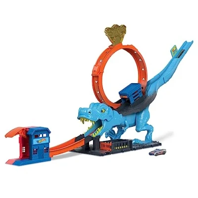Abbildung von Hot Wheels Autorennbahn T Rex Angriff, Geschicklichkeitsspiel durch genaues Timing und Zielen, mit Looping Track, Auto Spielzeug, Spielzeug ab 4 Jahre, HNP77