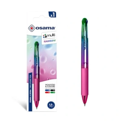Abbildung von OSAMA 4 Multi Rainbow Kugelschreiber, mehrfarbig, 1,0 mm, 1 Stück, bunte Stifte personalisierte Regenbogenfarben Tinte Schwarz Blau Rot und Grün, Schreibwaren Schule Büro Universität