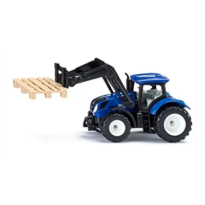 Abbildung von siku 1544, New Holland Traktor mit Palettengabel und Palette, Metall/Kunststoff, Blau, Spielzeugtraktor für Kinder, Beweglicher Frontlader