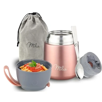 Abbildung von Milu® Thermobehälter für Essen I 450ml Edelstahl Warmhaltebehälter mit Löffel, Thermobecher Essen, Thermo Lunchbox Kinder, Erwachsene, Thermobox Suppen, Babybrei, Speisebehälter Rosegold,
