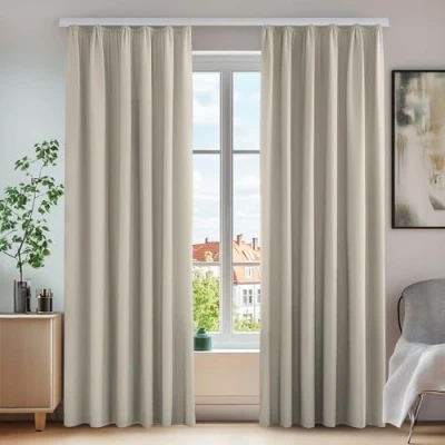Abbildung von Deconovo Blickdichte Gardinen Vorhang mit Kräuselband Lärmschutz Thermo gengen Kälte, 175x140 cm(HöhexBreite), Creme, 2er Set