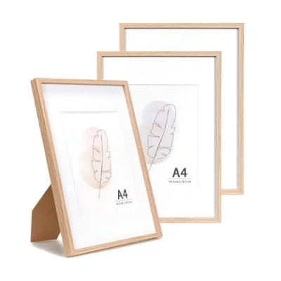 Abbildung von KAIWIN Bilderrahmen A4 Eichenholz Holz Fotorahmen 3er Set mit Passepartout zum aufhängen und aufstellen Benutzt für Wohnzimmer, Schlafzimmer, Arbeitszimmer, Fotos, Kunstwerke Poster