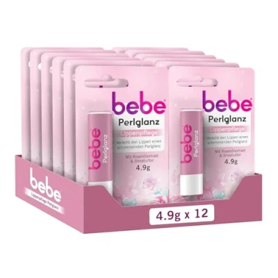 Abbildung von bebe Perlglanz Lippenpflege (12 x 4,9 g), Lippenpflegestift mit Rosenölextrakt &amp; Sheabutter, verleiht den Lippen einen zartschimmernden