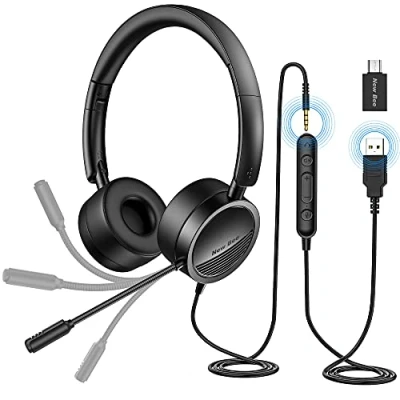 Abbildung von PC Headset mit Mikrofon New Bee USB/3,5mm Business Noise Cancelling &amp; Klare Stereo Sound für Call Center Office Telefonkonferenzen Skype Chat Webinar Präsentationen Online Kurse und Musik