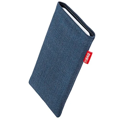 Abbildung von fitBAG Jive Blau Handytasche für Apple iPhone 15 Pro Tasche aus Textil Stoff mit Microfaserinnenfutter Hülle Reinigungsfunktion Made in Germany
