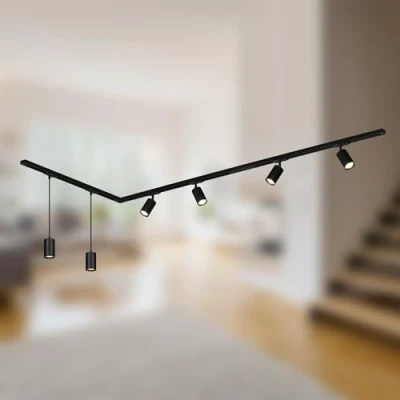Abbildung von Schienensystem RAIL 230 V, schwarz, 4 Spots, 2 Pendel, 2,25m