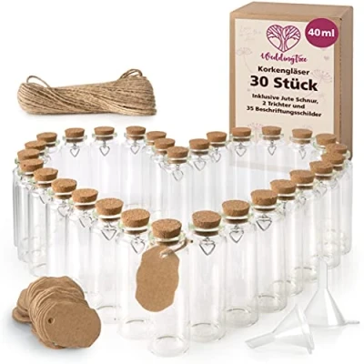 Abbildung von WeddingTree Reagenzglas mit Korken 30 x 40 ml Kleine Glasflaschen und Herz Anhänger Als Gastgeschenk, Hochzeitsdeko, Gewürzgläser, Deko Weihnachten