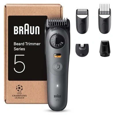 Abbildung von Braun Barttrimmer Series 5, +5 Zubehörteile, ultrascharfe Klinge, 120 Min Akkulaufzeit, 40 Längeneinstellungen, Wasserdicht, Präzisionsrad &amp; Feststelltaste, BT5525, Grau
