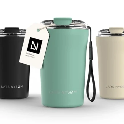 Abbildung von LARS NYSØM Thermo Kaffeebecher to go mit Trageschlaufe &amp; Tritan Deckel Travel Mug 0,38 Liter Isolierung Auslaufsicherer Edelstahl Thermobecher für Café Tee (Aqua Turquoise, 380ml)