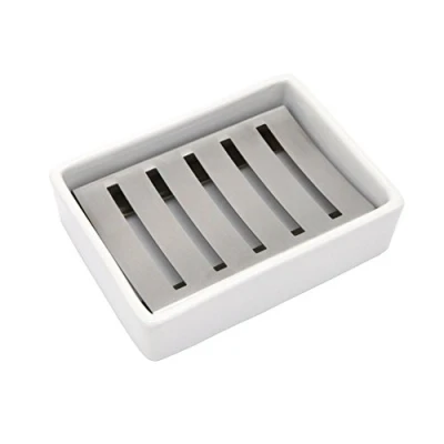 Abbildung von Lofekea Keramik Seifenschale, Edelstahl Seifenhalter für Bad und Dusche, Double Layer Draining Soap Box